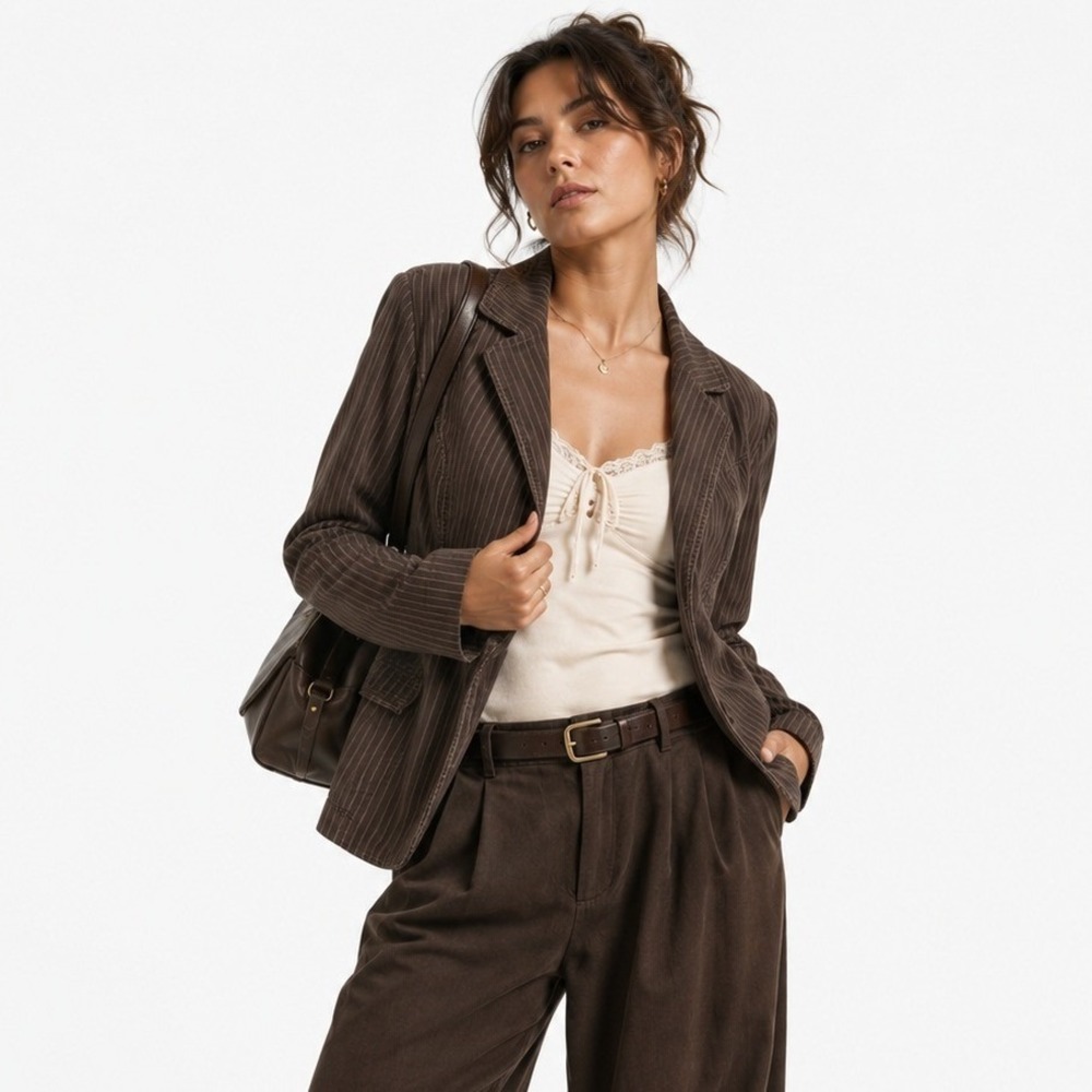 Brown Pinstripe Cotton Stretch Blazer 18/20 Academia Preppy Workwear Venezia